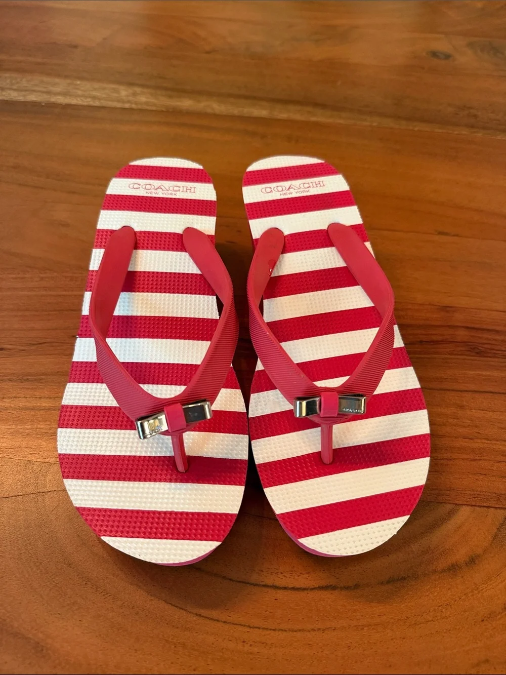 Coach Loralyn Red and White Striped Flip Flops. Women’s Size 5